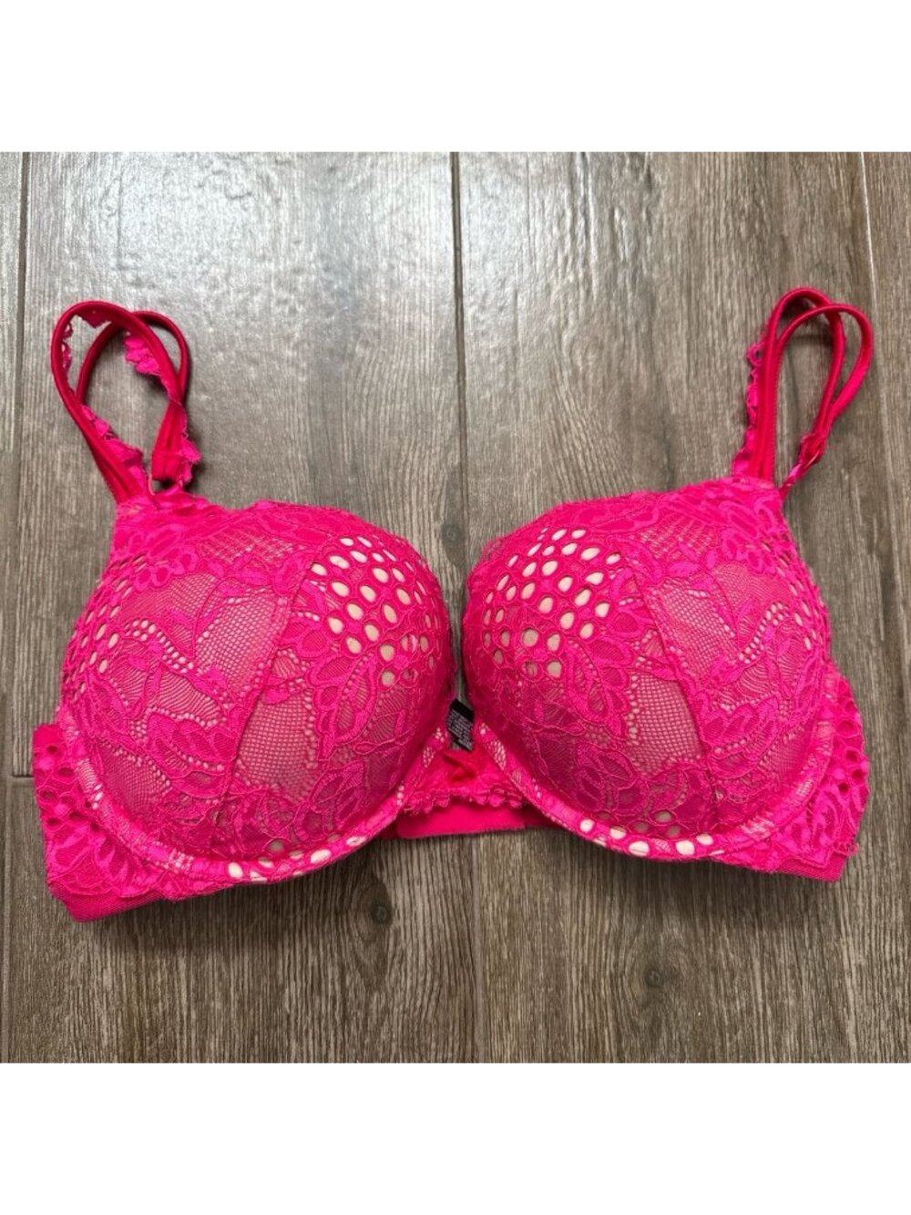 Victoria's Secret Hot Pink Nude Bombshell Lace Trim Pink Push-Up Bra 36C